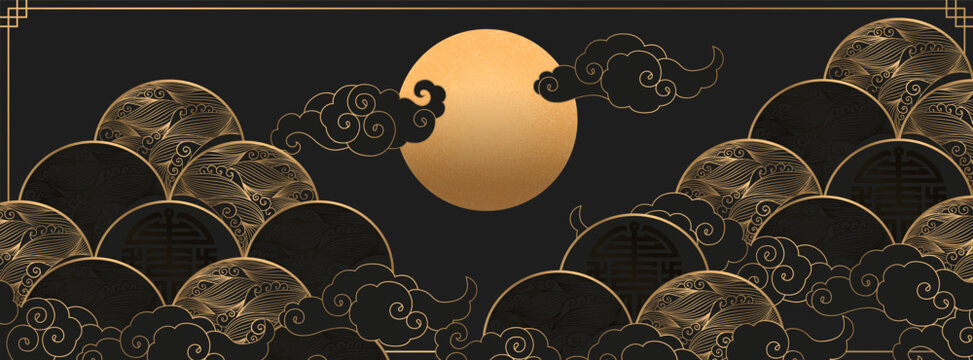 Vector oriental illustration with gold waves, clouds and moon isolated on black background. Traditional asian motifs ornament template for web banner, card print, poster, brochure, wallpaper