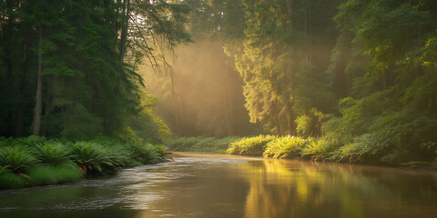 Enchanting sunlight filtering through lush green forest trees, reflecting on a peaceful river flowing gently through a vibrant fern-filled landscape, perfect for nature lovers and serene escapes