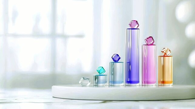A collection of clear, colored glass cylinders of varying heights topped with faceted geometric shapes, arranged in a bar graph formation.