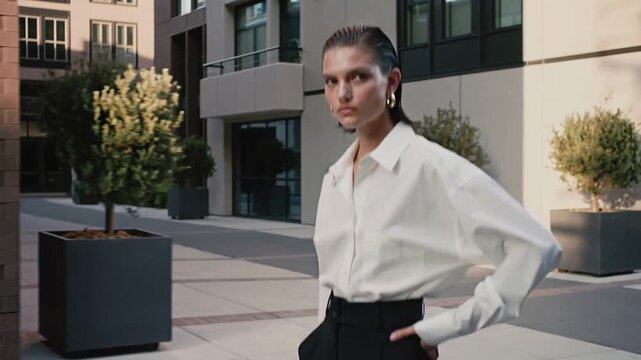 Young beautiful woman professional model wearing designer clothes on summer street during city lifestyle walk during fashion week.Zoom In.AI Generative.