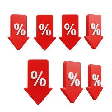 Collection of red 3d percentage discount arrow icons pointing down isolated on transparent background
