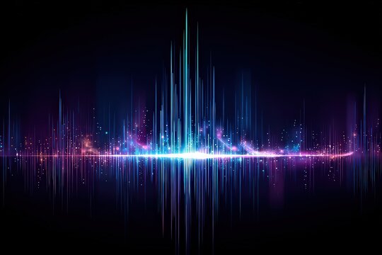 Abstract Sonic Waveform with Vertical Blue and Purple Lines of Varying Intensity on Dark Background