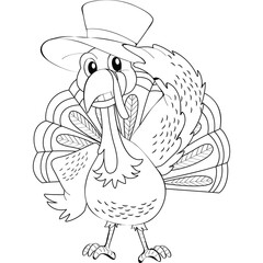 Thanksgiving Turkey Wearing a Top Hat Standing Proudly with Fanned Tail Feathers Outline Drawing for Coloring
