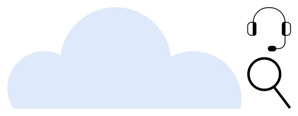 Blue cloud with magnifying glass and headset icons representing search, online support, and digital services. Ideal for IT, cloud technology, customer service, data storage, search tools