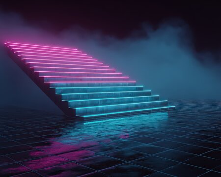 Abstract Staircase Glowing with Pink and Blue Neon Lights in Smokey Environment with Mesh Floor Pattern and Futuristic Vibe