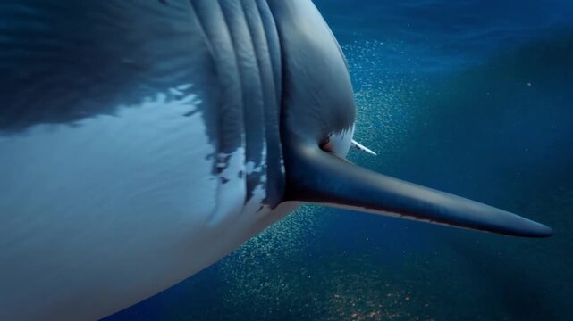 An underwater view showcasing the distinctive horn of a narwhal. Its long, spiraled tusk is visible, along with its sleek body Stock Video