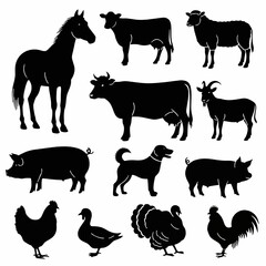 Farm Animals Silhouettes Collection: Horse, Cow, Sheep, Pig, Chicken, Duck, Turkey, Rooster, Dog, Goat