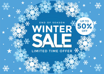 Winter sale text concept logo with origami snowflakes, ideal for landing pages, templates, social media, web, apps, posters, banners, flyers, gift cards, and coupons.