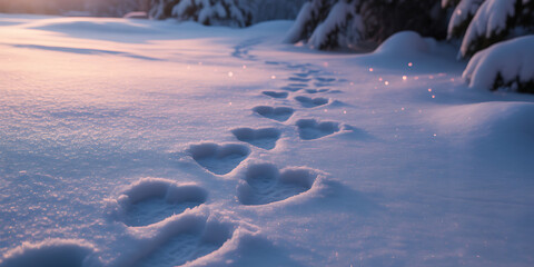Heart shaped footprints in fresh snow lead into a winter wonderland, perfect for romantic getaways and serene holiday scenes, conveys love, peace, and the beauty of winter's touch