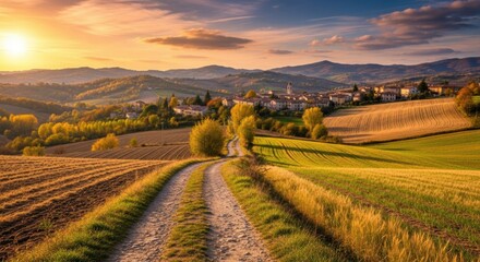 Golden Sunset Over Tuscan Village and Rolling Hills, Tuscany, Italy, Town