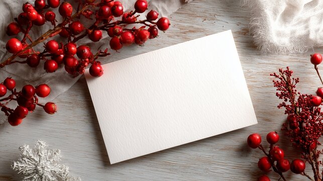 Blank christmas card with holly berries and snowflake on rustic wooden background