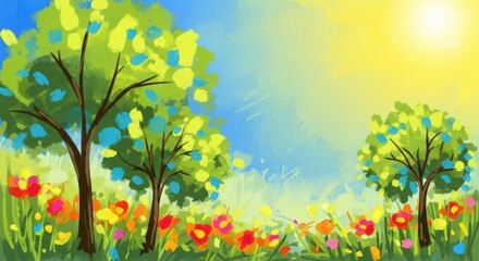 Obraz premium Impressionistic Spring Meadow with Trees and Flowers, Nature, Vibrant, Colorful