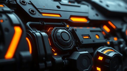 A high-fidelity portrayal of advanced technological components, with intricate mechanical details and subtle energy emissions. The color scheme employs a contrast of dark, matte finishes and bright