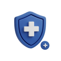 Fototapeta premium 3d icon of blue shield with white cross and plus icon isolated on transparent background
