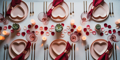 Romantic Valentine's Day dinner setup with heart shaped plates, candles, rose petals and succulent centerpieces creates a loving and intimate atmosphere for a special celebration
