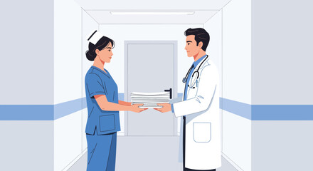 Medical Professionals At Handover With Documents In Hospital Modern Corridor