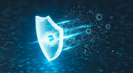 An image of a glowing digital shield, symbolizing cybersecurity and protection against digital threats. Its radiant blue hue, suggests advanced technology and the importance of safeguarding data.