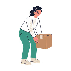 Vector illustration flat cartoon scene with woman lifting cardboard box, moving day, storage and delivery context, parcel shipping, home relocation and transport workflow for logistics presentations
