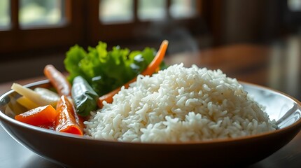 A photorealistic, still-life composition of a traditional Asian meal, focusing on the glossy sheen of rice and the crispness of vegetables, lit by soft window light