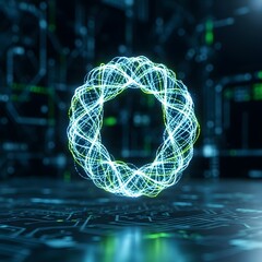 Futuristic digital hologram of a glowing, interconnected circular pattern representing technology and innovation in a high-tech environment