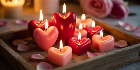 Romantic heart shaped candles burning warmly in the soft light, ideal for Valentine's Day promotions and heartfelt moments, create a cozy and loving atmosphere of romance and affection