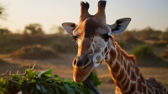 A giraffe enjoying its meal in a natural setting, looking toward the camera. Its distinctive coat pattern stands out against the sunlit background Stock Video