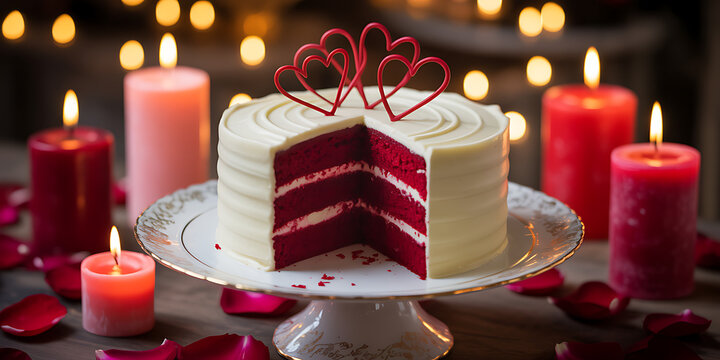 Elegant red velvet cake with heart decorations and candles, perfect for Valentine's Day, anniversary, or romantic celebrations, creating a warm and inviting atmosphere for love and affection