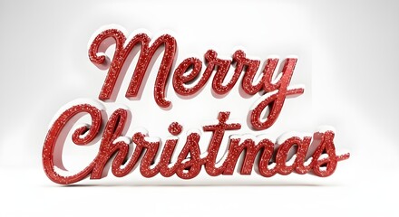 3D Merry Christmas Script Text with Snow and Glitter on White Background