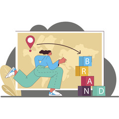 Woman running towards the word brand depicted on colorful blocks with a world map background and...