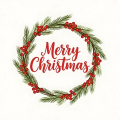 Watercolor Christmas Wreath with Berries and Fir Branches