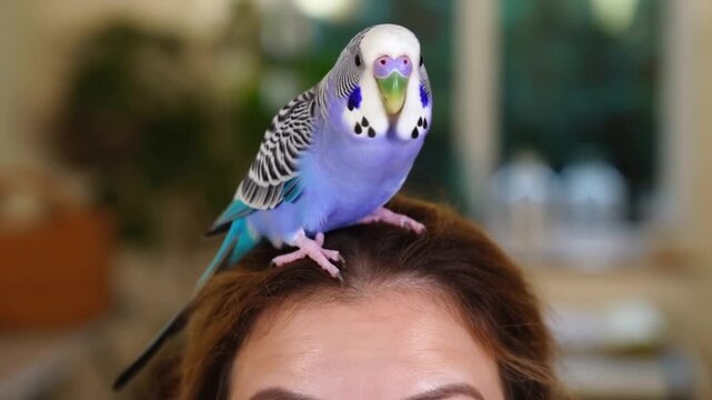 A vibrant blue parakeet perched atop someone's head. The parakeet appears friendly and playful, showing off its beautiful plumage Stock Video