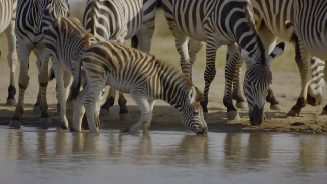 A herd of zebras drinking water. A baby zebra is with its family near a watering hole.  Stock Video