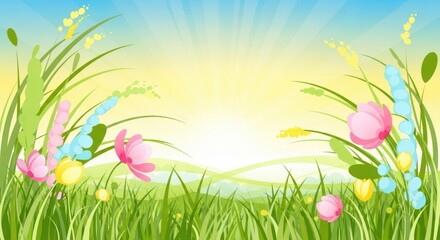 Obraz premium Blooming Meadow with Radiant Sunshine, Spring, Flowers, Grass
