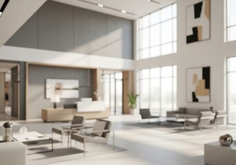 Blurred corporate office lobby with high ceiling and large window