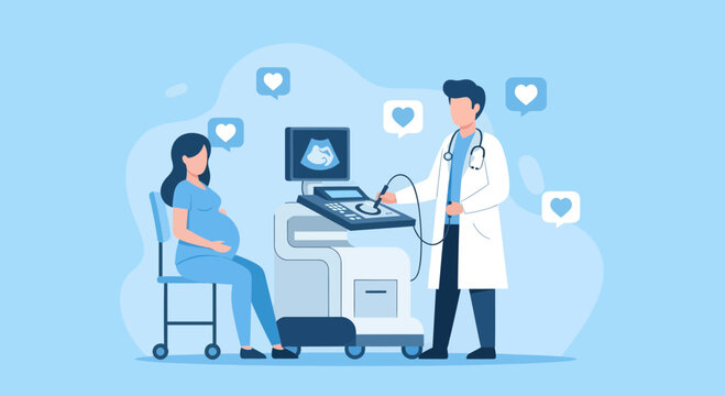 Pregnant Woman Undergoes Medical Ultrasound Examination with a Doctor in Soft Pastel Tones