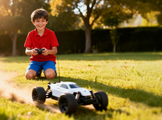 Boy is playing with a remote control car in a park. The car is white and black