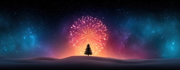 A vibrant fireworks display illuminates a winter landscape, highlighting a solitary Christmas tree against a starry night sky.