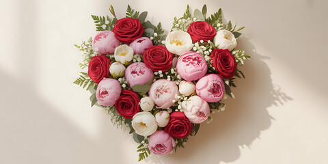 Romantic floral heart arrangement of roses, peonies, and baby's breath create a stunning Valentine's Day or wedding design element, perfect for cards, invitations, and love filled projects