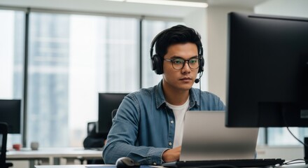 Focused young man working in a modern office, Headset, Computer, Laptop