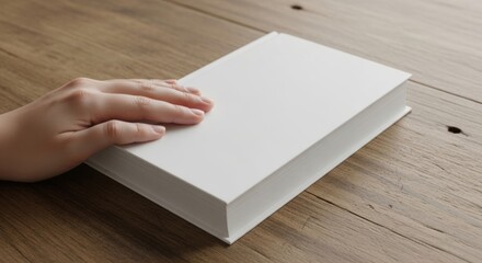 Hand Resting on Blank White Book on Wooden Table, Cover, Empty, Page