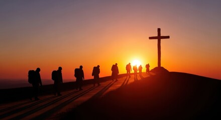 Pilgrimage to the Cross at Sunset, Silhouette, People, Walking