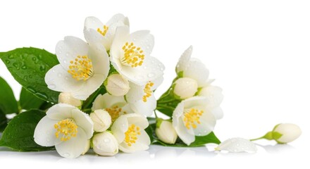Fresh Jasmine Flowers with Water Droplets on White Background, Blossom, Blooming, Fragrance