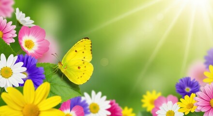 Vibrant Butterfly on a Bed of Colorful Spring Flowers with Sun Rays, Yellow butterfly, Insect, Nature