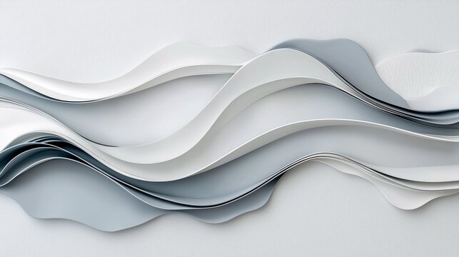 A layered abstract composition of white and blue paper waves creates a dynamic, flowing visual effect.