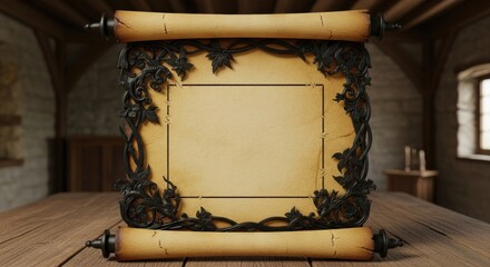 Ancient Scroll with Ornate Frame on Wooden Table, Parchment, Old, Vintage