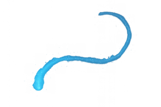 Blue liquid stream flowing dynamically, creating an abstract wavy line and splashing motion with transparent background