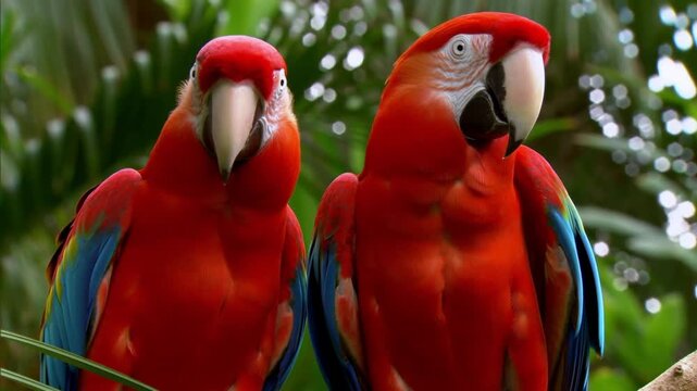 Two vibrant parrots with striking red and blue plumage perched together. The image captures the birds' vivid colors and distinct features Stock Video