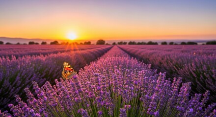 Butterfly on Lavender Field at Sunset, Flower, Nature, Purple