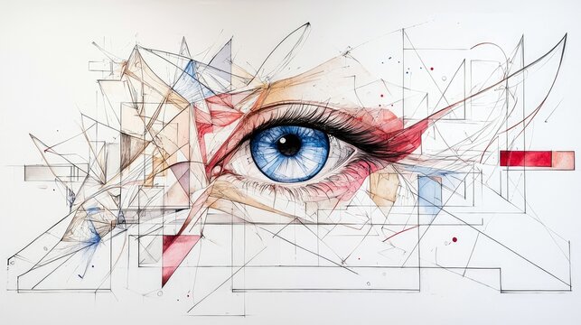 A close-up of a blue eye is integrated into an abstract geometric composition with sharp lines, triangles, and watercolor splashes.