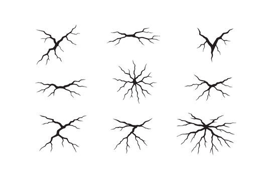 Vector black crack set collection, broken floor texture, earthquake ground crash on white design. Damaged dry soil, cement split background, surface broken cleft